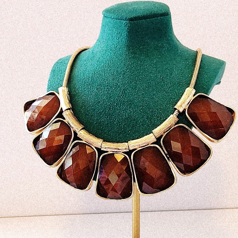 Gold Tone Amber Faceted Resin Stone Statement Bib Collar Necklace Adjustable